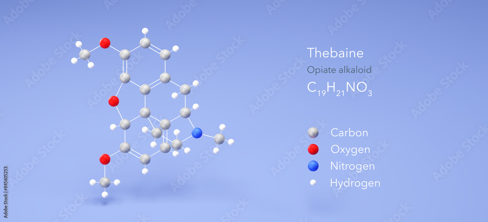 thebaine molecule, molecular structure, paramorphine, 3d model, Structural Chemical Formula and Atoms with Color Coding