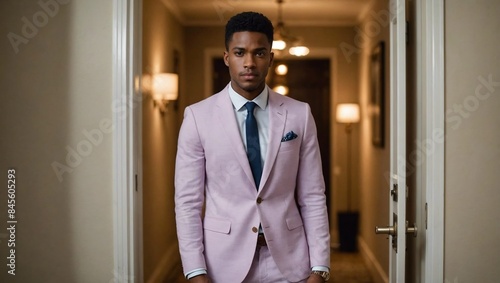 Confident African American Man in Pink Pastel Suit