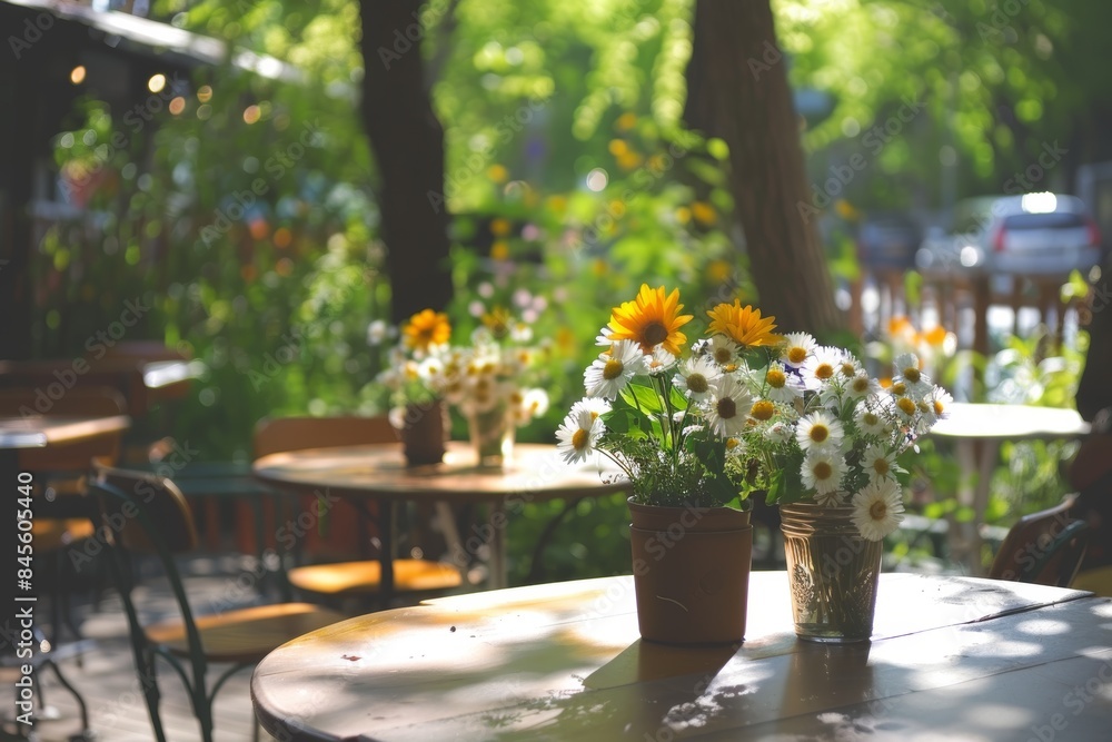 Cozy Outdoor Café with Fresh Flowers and Warm Sunlight for Inviting Dining Experience Cozy Outdoor Café with Fresh Flowers and Warm Sunlight for Inviting Dining Experience