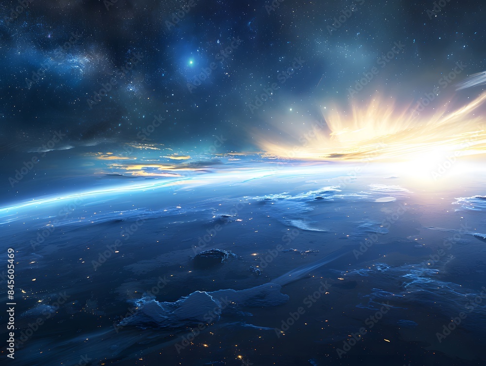 Celestial Ascendance: Earth and the Cosmos Rising with the Sun.. Panoramic view of the Earth, sun, star and galaxy. Sunrise over planet Earth, view from space Celestial Ascendance: Earth and the Cosmos Rising with the Sun.. Panoramic view of the Earth, sun, star and galaxy. Sunrise over planet Earth, view from space