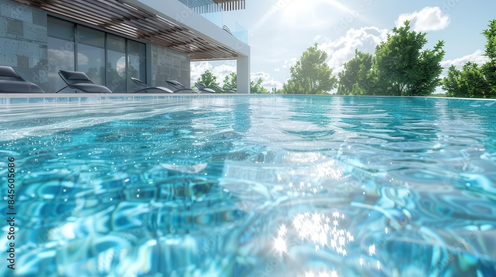Obraz premium luxurious swimming pool with crystal clear water and stylish deck 3d illustration