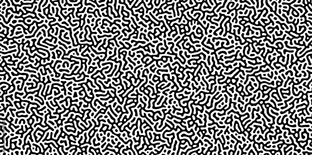 Fototapeta premium Abstract truing organic wallpaper Turing reaction diffusion monochrome seamless pattern with chaotic motion. Generative algorithm psychedelic background. Reaction-diffusion or truing pattern formation