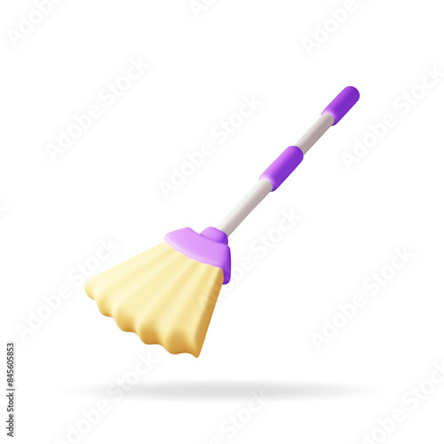 3d cleaning broom isolated on white. Render broom icon. House cleaning equipment. Household accessories. Realistic vector illustration