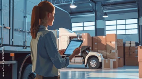 A female manager at a warehouse employs a tablet for oversight as a worker handles box loading onto a delivery truck, streamlining warehouse logistics.