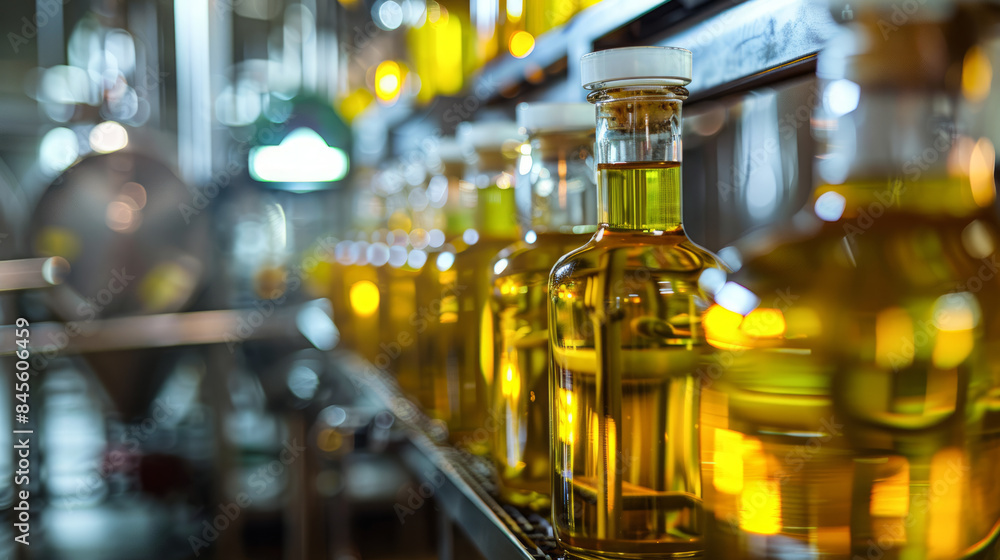 Olive oil bottles on production line in factory. Industrial food production background for design, poster, banner, website. Olive oil bottles on production line in factory. Industrial food production background for design, poster, banner, website.