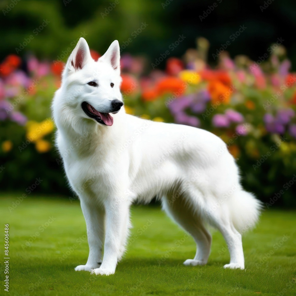 A white Swiss Shepherd stands in a bright garden - an image generated by artificial intelligence A white Swiss Shepherd stands in a bright garden - an image generated by artificial intelligence
