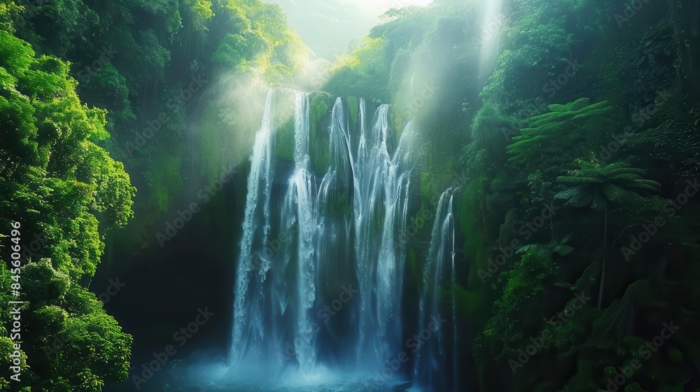 majestic waterfall in lush equatorial rain forest soft sunlight filtering through dense foliage nature landscape majestic waterfall in lush equatorial rain forest soft sunlight filtering through dense foliage nature landscape