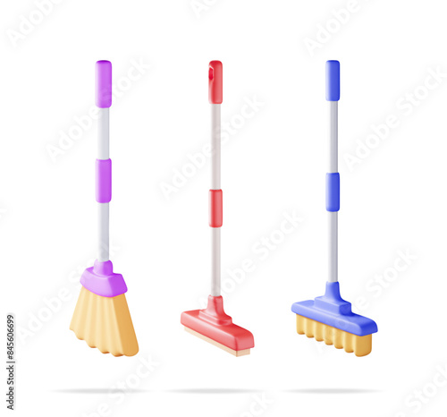 3d set of floor cleaning mop and broom with plastic handle isolated. Render home mop and broomstick tool icon. House cleaning equipment. Household accessories. Realistic vector illustration