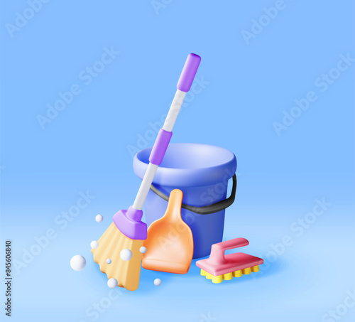 3d cleaning time or service concept isolated. Render empty bucket with broom and dustpan for cleaning and washing. House cleaning equipment. Household accessories. Realistic vector illustration