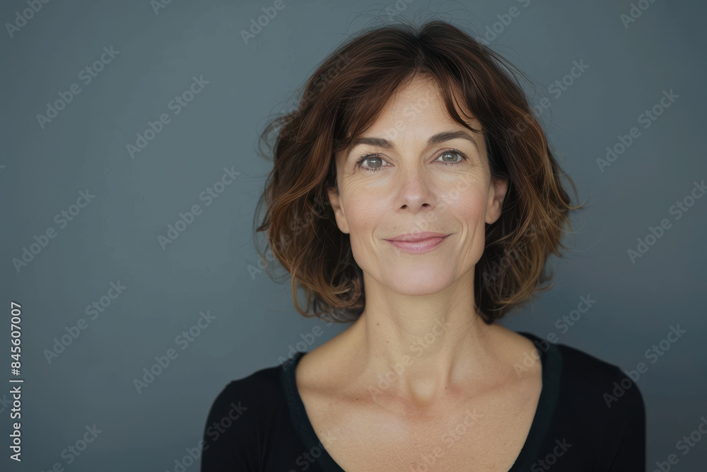 A close up portrait of a woman with a subtle smile A close up portrait of a woman with a subtle smile