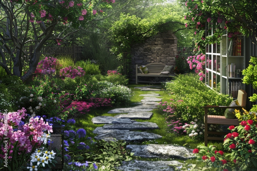Serene Garden Path with Stepping Stones Leading to Hidden Reading Nook with Bench and Bookshelves Serene Garden Path with Stepping Stones Leading to Hidden Reading Nook with Bench and Bookshelves
