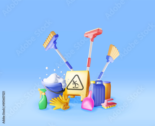 3D set of home cleaning tools isolated. Render collection of accessories for washing dishes and house cleaning. Bottle of detergent, sponge, soap gloves. Bucket, mop broom dustpan. Vector illustration
