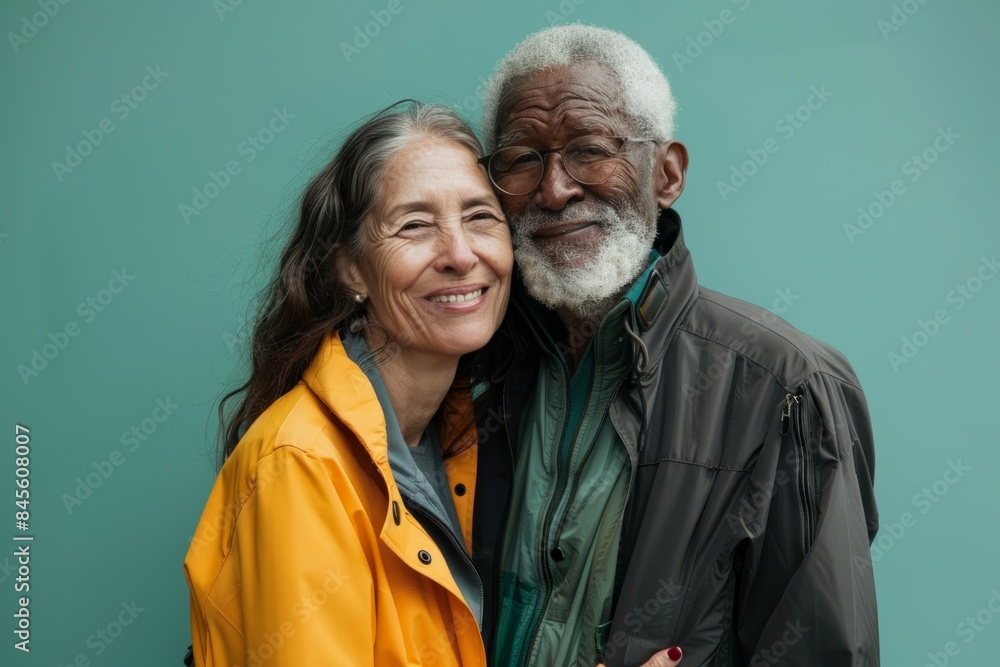 Portrait of a content multicultural couple in their 80s wearing a lightweight packable anorak over soft green background Portrait of a content multicultural couple in their 80s wearing a lightweight packable anorak over soft green background