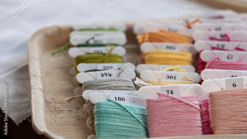 The Artist’s Palette: Soft-Toned Embroidery Threads on a Professional Workspace