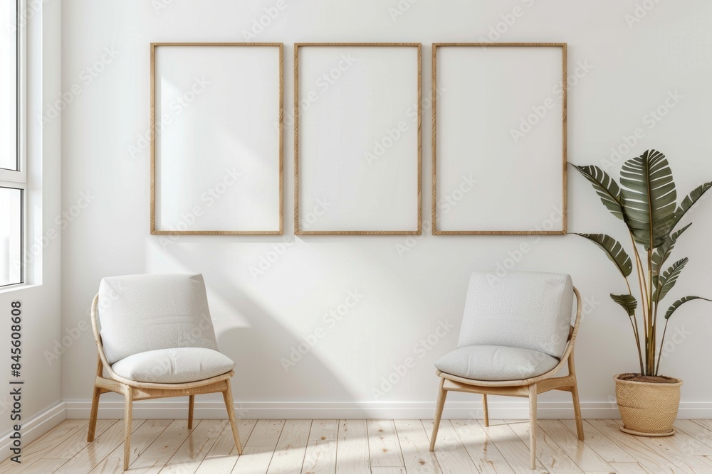 Minimalist Interior with Three Wooden Frames on the white wall Minimalist Interior with Three Wooden Frames on the white wall