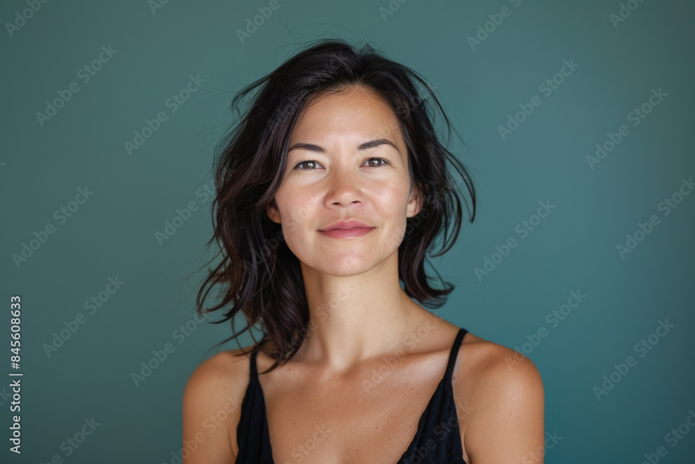 A close up portrait of a woman with a subtle smile A close up portrait of a woman with a subtle smile