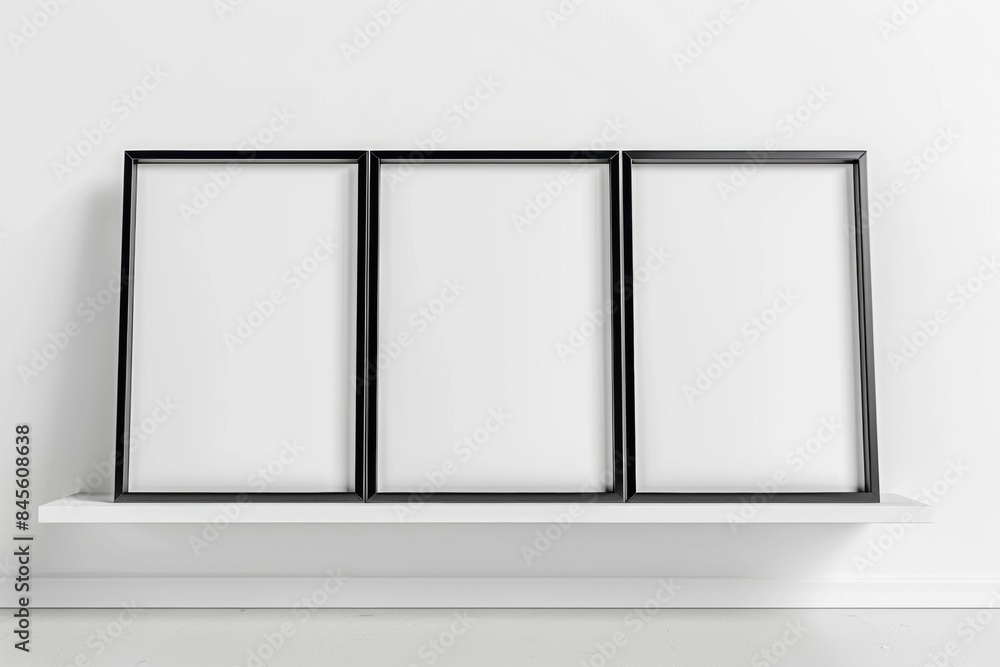 Minimalist interior with three white frames on a picture frame shelf. Minimalist interior with three white frames on a picture frame shelf.