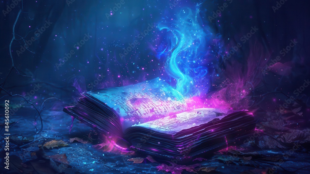 Naklejka premium ominous witchs spellbook illuminated by vivid rgb colors dark cinematic digital illustration