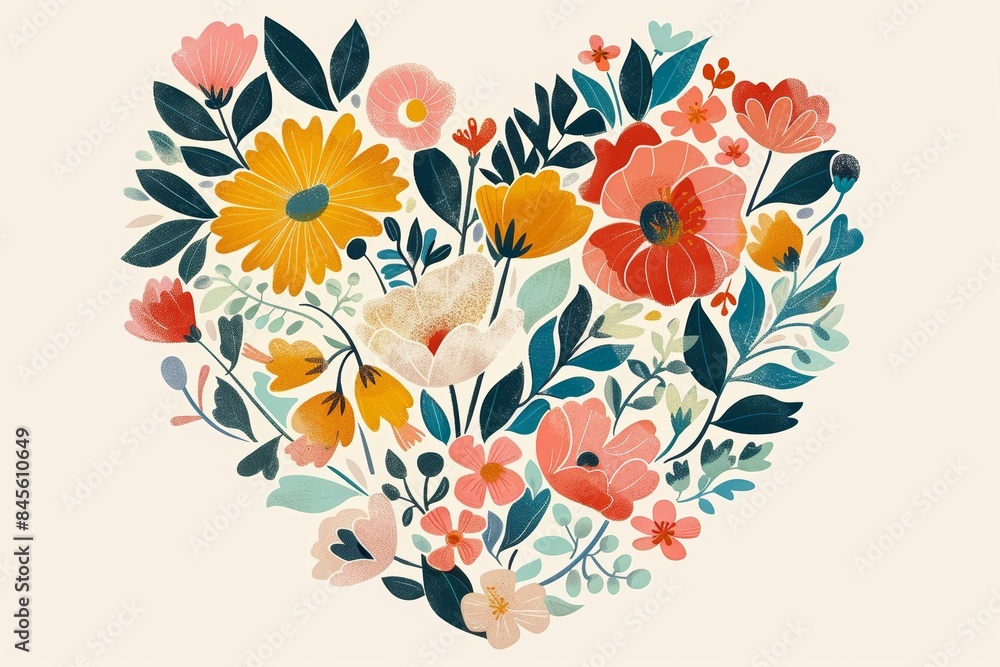 Obraz premium Whimsical Floral Heart Design for Print, Card, Poster - Joyful and Playful Illustration
