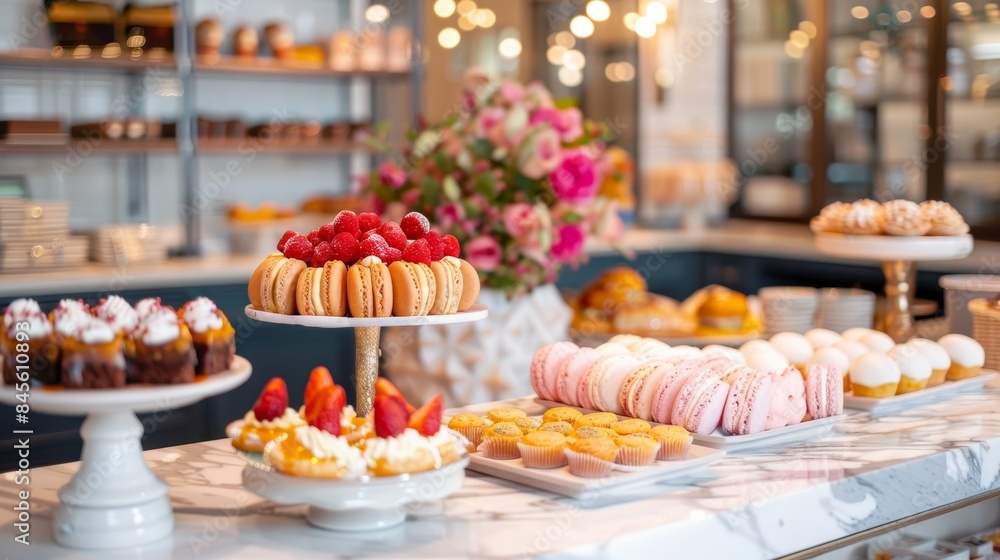 Fototapeta premium Elegant Bakery Assortment of Macarons, Éclairs, and Tarts on Marble Countertop for Sophisticated Interior Design