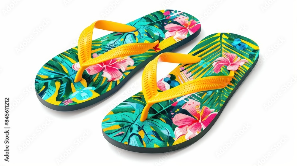 Tropical print design flip flops, yellow and green color scheme, isolated on white background, product photography in the style of an isolated product shot Tropical print design flip flops, yellow and green color scheme, isolated on white background, product photography in the style of an isolated product shot