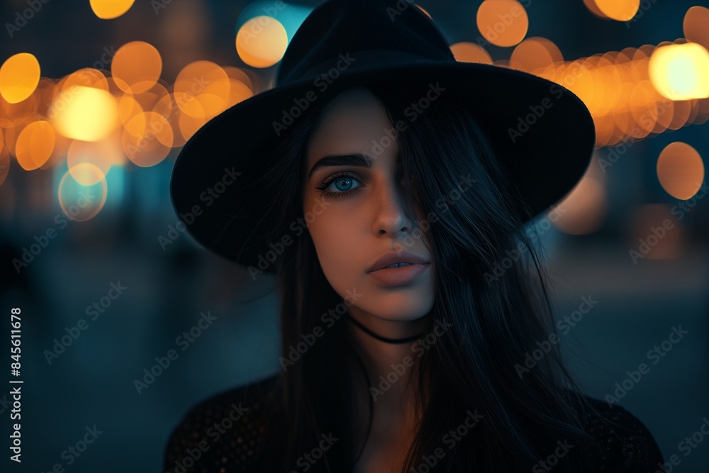 Enigmatic Woman in Hat Against Twilight City Lights, Halloween costume concept Enigmatic Woman in Hat Against Twilight City Lights, Halloween costume concept