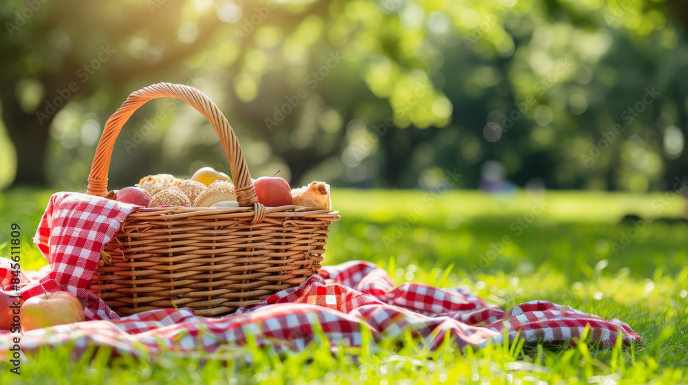 A charming picnic basket filled with bread and fruit, placed on a red checkered blanket in a sunny park setting with lush greenery. Picnic Basket on Red Checkered Blanket in Park
A charming picnic basket filled with bread and fruit, placed on a red checkered blanket in a sunny park setting with lush greenery. Picnic Basket on Red Checkered Blanket in Park