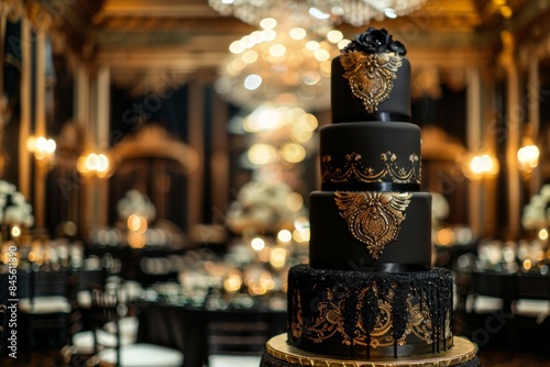 Elegant Black Tie Event Cake with Gold Detailing in Luxurious Banquet Hall Setting