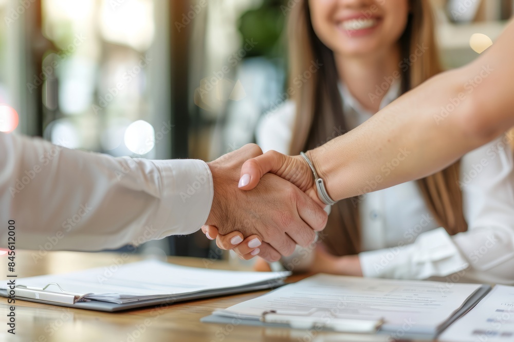 A close-up of a smiling businesswoman shaking hands with a man after signing a contract in an office. A close-up of a smiling businesswoman shaking hands with a man after signing a contract in an office.