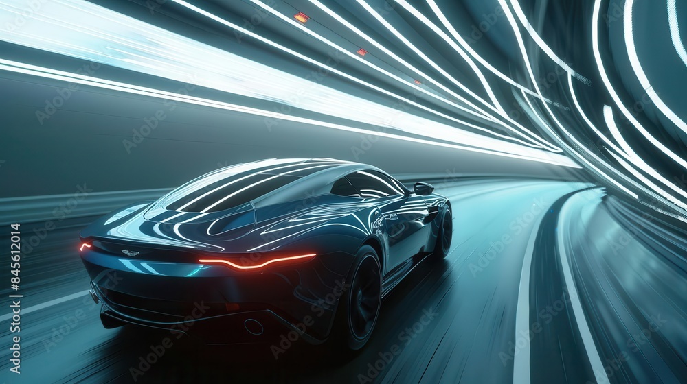 Fototapeta premium rear view of blue business car speeding through highway turn motion blur digital art