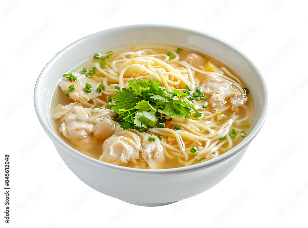 Hainanese chicken noodle soup in a white ceramic bowl Hainanese chicken noodle soup in a white ceramic bowl