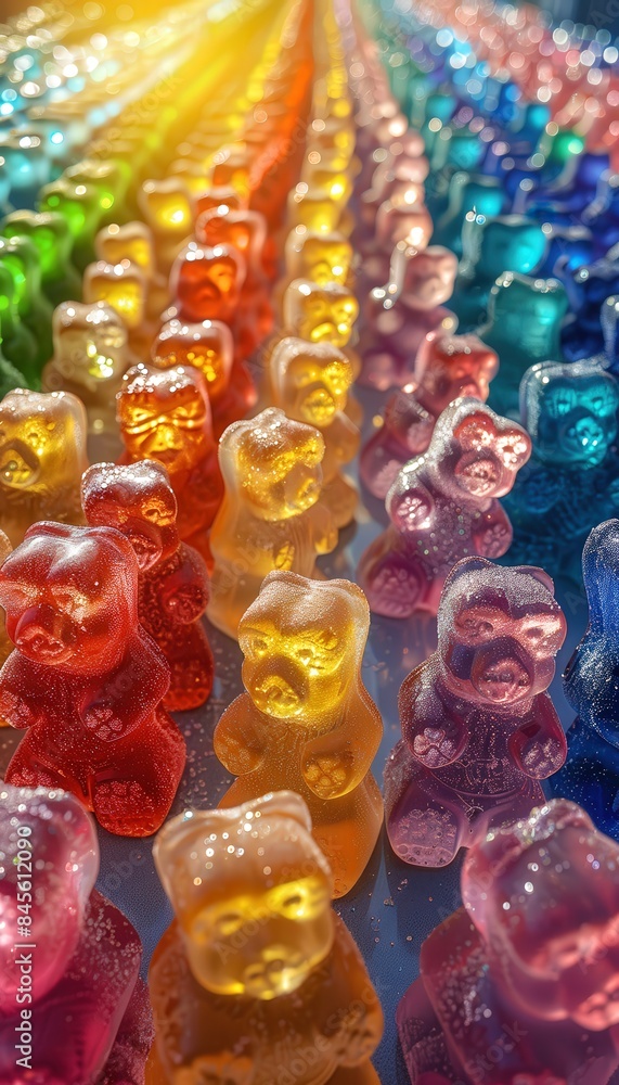 rainbow of gummy bears, arranged in the shape of an endless line, each one glowing with its own distinct color and texture rainbow of gummy bears, arranged in the shape of an endless line, each one glowing with its own distinct color and texture