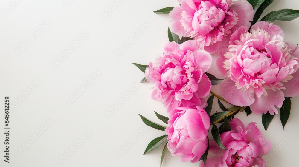 a captivating Valentine's Day card template featuring beautiful pink peonies arranged on a white background in a top view, with ample space for copy. a captivating Valentine's Day card template featuring beautiful pink peonies arranged on a white background in a top view, with ample space for copy.