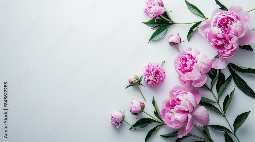 a captivating Valentine's Day card template featuring beautiful pink peonies arranged on a white background in a top view, with ample space for copy. a captivating Valentine's Day card template featuring beautiful pink peonies arranged on a white background in a top view, with ample space for copy.