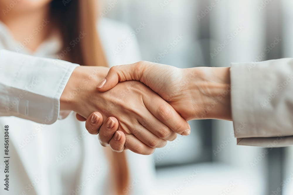 A close-up of a smiling businesswoman shaking hands with a man after signing a contract in an office. A close-up of a smiling businesswoman shaking hands with a man after signing a contract in an office.