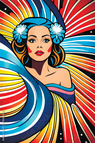 Illustrate a Superwoman in a Retro 1970s Pop Art Style with Feminist Themes, Featuring Strong, Feminine Women, Floral Patterns, Daisies, Hippie, Trippy Psychedelic Elements, and Ornamental Frames
