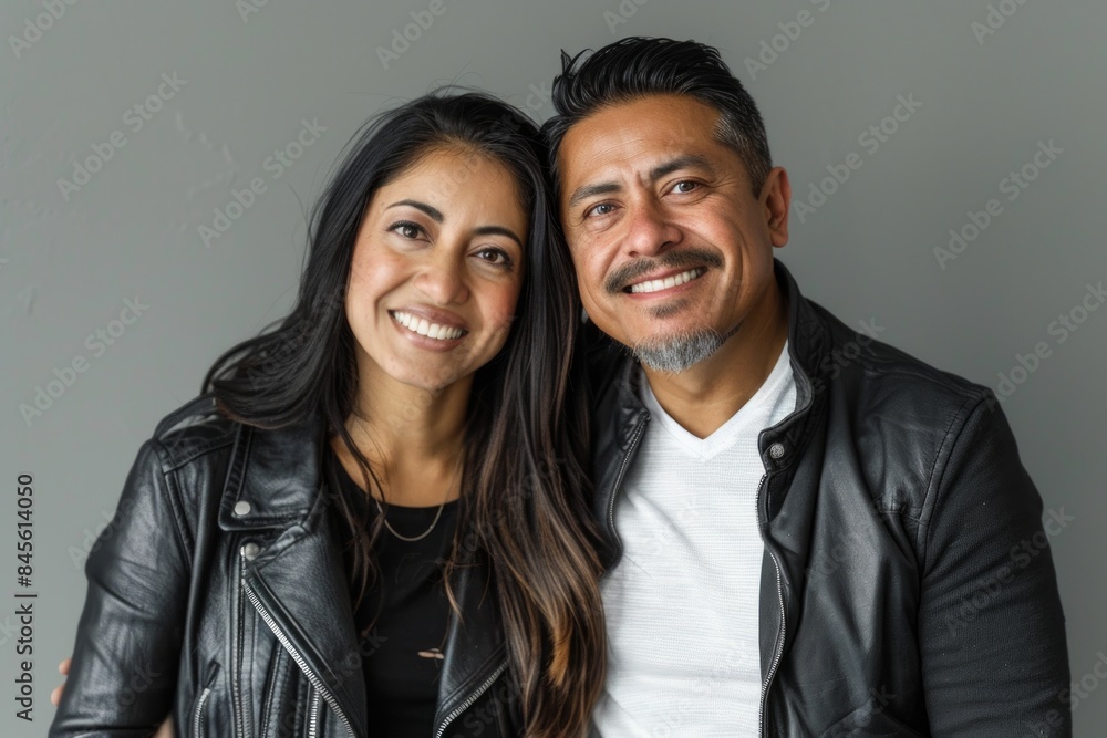 Portrait of a smiling latino couple in their 30s sporting a stylish leather blazer in soft gray background Portrait of a smiling latino couple in their 30s sporting a stylish leather blazer in soft gray background
