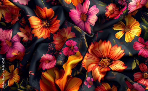 A close-up view of vibrant floral fabric, showcasing detailed and colorful floral patterns.