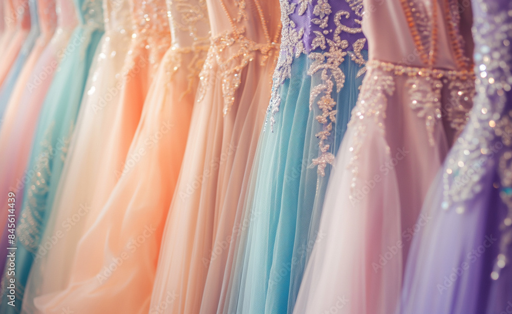 A collection of pastel-colored dresses hanging in a row, showcasing delicate fabrics and soft hues. A collection of pastel-colored dresses hanging in a row, showcasing delicate fabrics and soft hues.