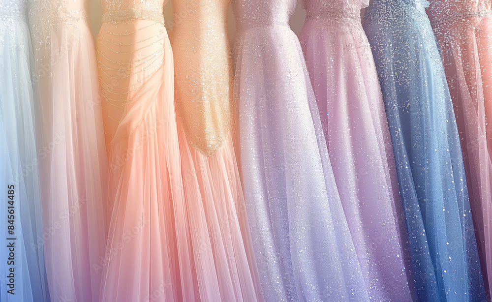 A collection of pastel-colored dresses hanging in a row, showcasing delicate fabrics and soft hues. A collection of pastel-colored dresses hanging in a row, showcasing delicate fabrics and soft hues.