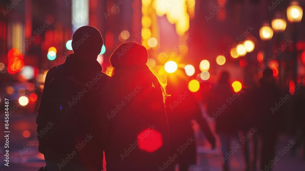 silhouetted crowd navigating illuminated city street at dusk urban lifestyle photography