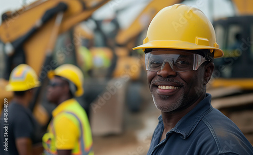 A bearded construction worker smiling, wearing a hard hat and safety glasses, with construction equipment in the background.