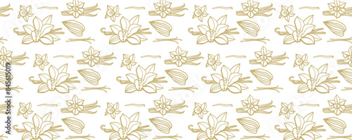 Isolated vector pattern of vanilla. Gold vanilla sticks, vanilla flower and pods. Aroma, food, cookery. Hand drawn. illustration of vanilla flower, bean and pods on isolated white background. 