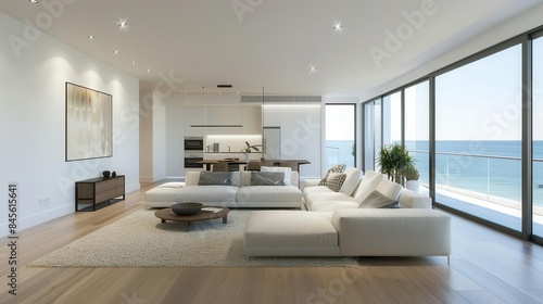spacious modern living room interior with white walls and laminate flooring balcony doors minimalist architecture photography © Jelena
