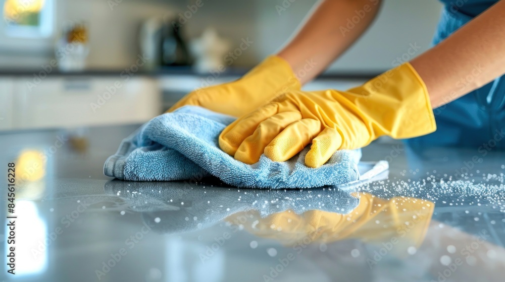 A person is cleaning a counter with a blue cloth and yellow gloves. A person is cleaning a counter with a blue cloth and yellow gloves.