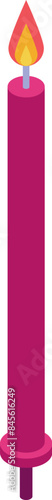 Simple illustration of a long pink birthday candle burning with a bright flame in an isometric style