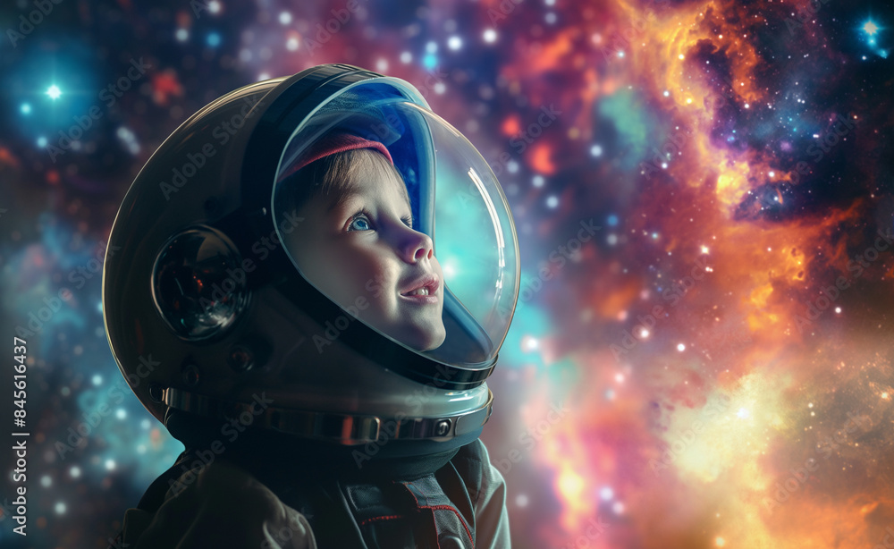 A child in an astronaut suit gazing in awe at the colorful cosmos, depicting the wonder and curiosity of space exploration. A child in an astronaut suit gazing in awe at the colorful cosmos, depicting the wonder and curiosity of space exploration.