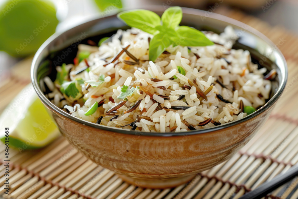 Fluffy Wild Rice with Fresh Herbs and Lime Wedge in Serene Setting Fluffy Wild Rice with Fresh Herbs and Lime Wedge in Serene Setting