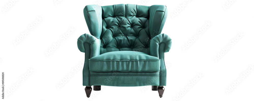 Fototapeta premium Elegant teal armchair with tufted backrest and plush cushions, perfect for living room decor, adding a touch of sophistication and comfort. transparent background.