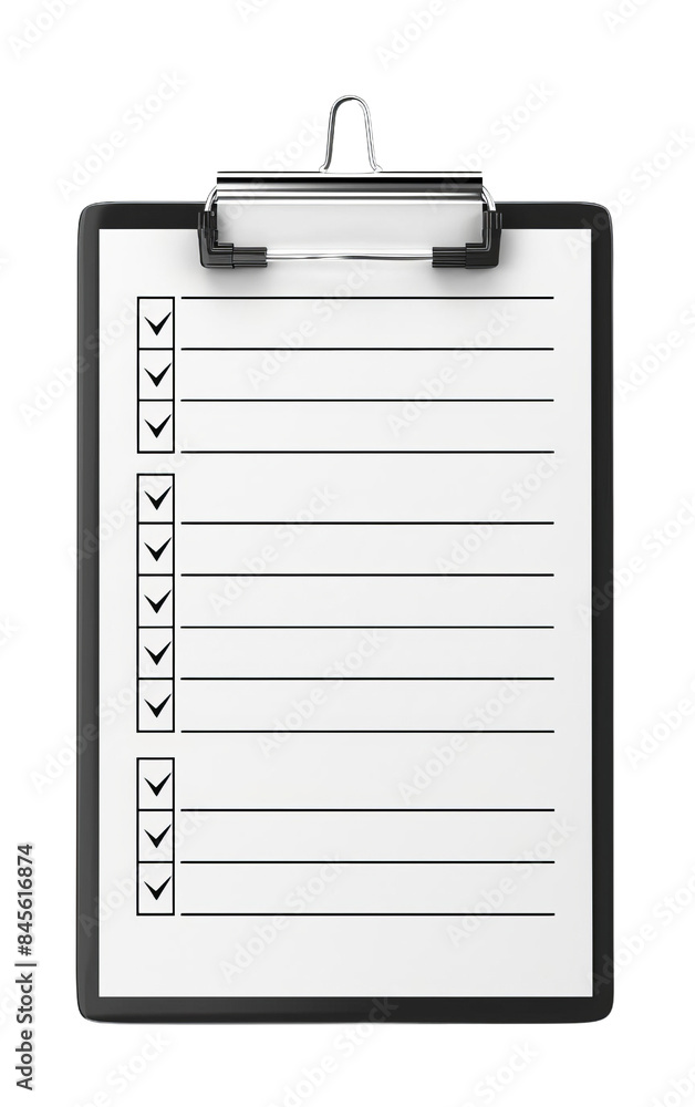Empty checklist on a clipboard with checkmarks, ready for notes or to-do lists. Ideal for productivity, organization, and planning images. transparent background. Empty checklist on a clipboard with checkmarks, ready for notes or to-do lists. Ideal for productivity, organization, and planning images. transparent background.